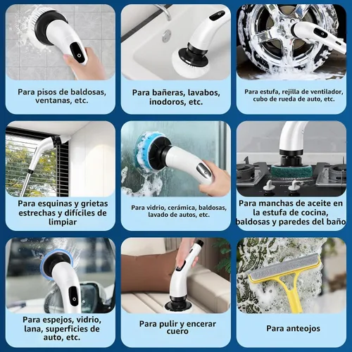 Vista 6 de Limpiador eléctrico recargable giratorio, limpiador eléctrico impermeable con 7 cabezales de cepillo, 1 escobilla de ventana, mango largo ajustable