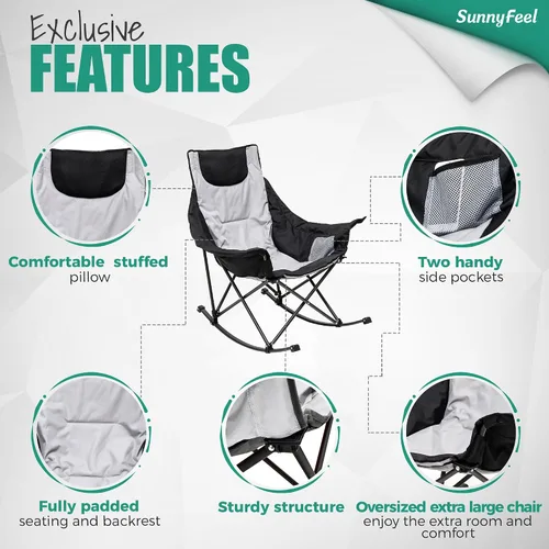 Vista 6 de SUNNYFEEL Silla Mecedora de Camping de Gran Tamaño, Silla de Patio Totalmente Acolchada con Bolsillo Lateral, Sillón Reclinable Portátil de Respaldo