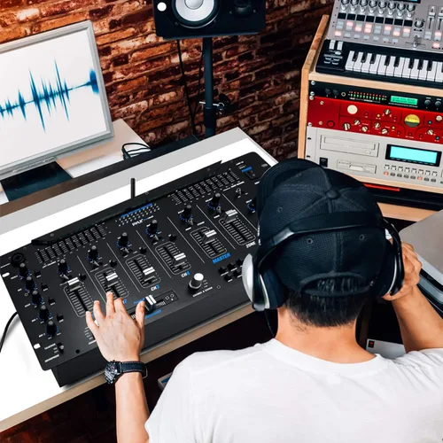 Vista 6 de Pyle Mezclador de 6 Canales, Controlador DJ Bluetooth, Mezclador Estéreo, Sistema de Sonido Profesional, Iluminación LED, Mezclador de Audio