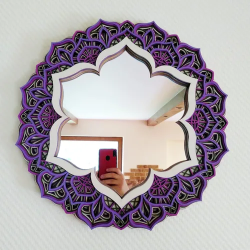 Vista 9 de BHDecor Espejo para decoración de pared para el hogar, marco tallado con láser de varias capas, elegante mandala de madera para colgar, paneles