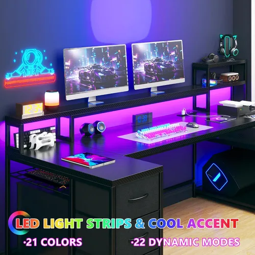 Vista 4 de Escritorio para juegos en forma de L de 71 pulgadas con 3 cajones y estante superior, escritorio para computadora con soporte para monitor y toma