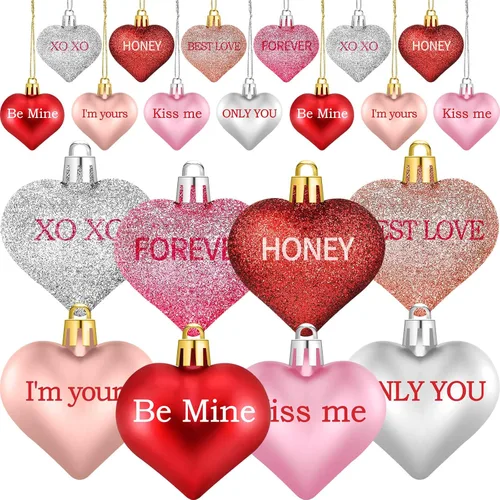Vista 9 de Shynek 68 adornos de corazón para el día de San Valentín para árbol, bolas de corazón de San Valentín con palabras de amor dulces para decoraciones