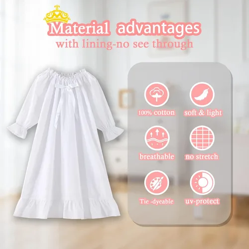 Vista 4 de Camisones para niñas, vestidos de pijama vintage de algodón para niñas, pijamas de manga larga para niños