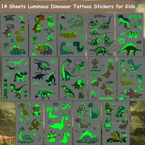 Vista 3 de CHARLENT Tatuajes luminosos de dinosaurio para niños, 14 hojas de tatuajes temporales de dinosaurios que brillan en la oscuridad para niños y niñas