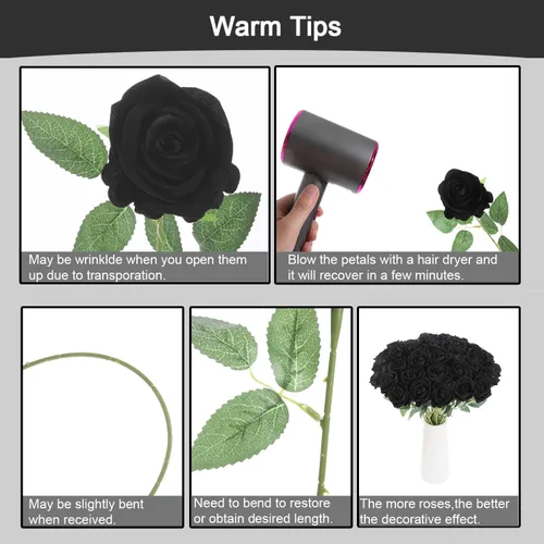 Vista 5 de 12 rosas artificiales de terciopelo sintético para decoración del hogar y boda (rosa perla, negro)