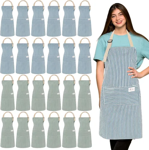 Vista 22 de Janmercy 24 delantales para mujeres y hombres con 2 bolsillos, delantal de cocina de lino, delantal ajustable para chef, delantales a granel unisex