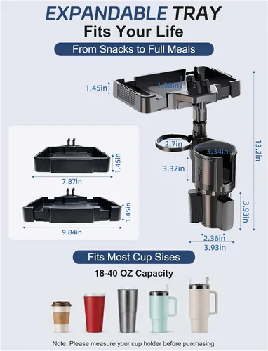 Vista 3 de Bandeja Portavasos para Auto, Expansor de Portavasos 4 en 1 con Mesa Bandeja de Comida Expandible, para Artículos Esenciales de Viaje por Carretera