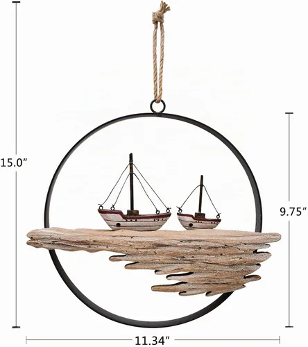 Vista 5 de Decoración de pared de madera náutica, círculo colgante de madera rústica Velero