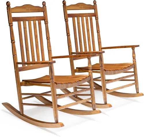 Vista 11 de VINGLI Mecedora de madera, silla para exteriores con soporte de 450 libras, balancín relajante con asiento de respaldo alto de madera maciza