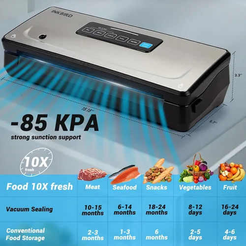 Vista 5 de Máquina selladora al vacío de alimentos 10 en 1 con almacenamiento de bolsas (hasta 20 pies) y cortador, sellador de alimentos INKBIRD sellador al