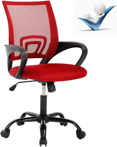 Vista 8 de Silla de oficina ergonómica de malla con respaldo medio, soporte lumbar, ajustable, giratoria, enrollable, silla de escritorio rosa con brazos