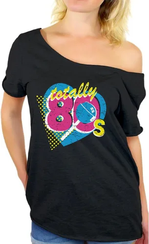 Vista 2 de Awkward Styles Camisetas para mujer con hombros descubiertos y texto en inglés "I Love The 80's para los fans de los 80's + calcomanía de regalo