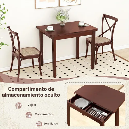 Vista 4 de GOFLAME Mesa de comedor extensible para 4, mesa de cocina plegable con compartimento de almacenamiento y patas de madera de goma, mesa de comedor