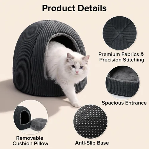 Vista 6 de Camas para gatos 2 en 1 para gatos de interior, cama cerrada con almohada