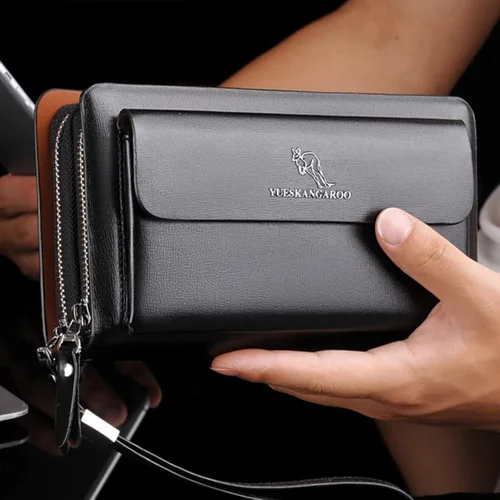 Vista 4 de Bolso de mano para hombre, cartera larga, de cuero, tarjetero para teléfono celular
