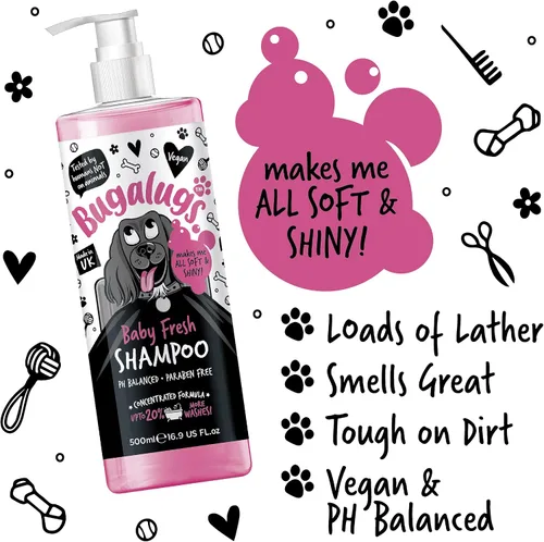 Vista 5 de BUGALUGS Baby Fresh - Champú para perros de 16.85 onzas líquidas, producto de aseo para perros malolientes con aroma a polvo de bebé, el mejor