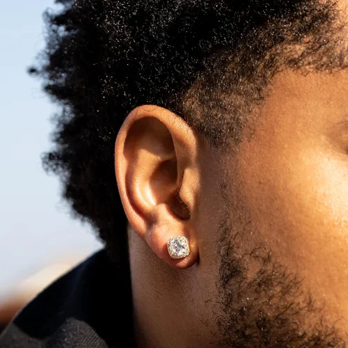 Vista 5 de Pendientes de plata de ley de oro amarillo para hombre, corte cuadrado, estilo hip hop, con cierre de rosca, Plata de ley, Circonia cúbica