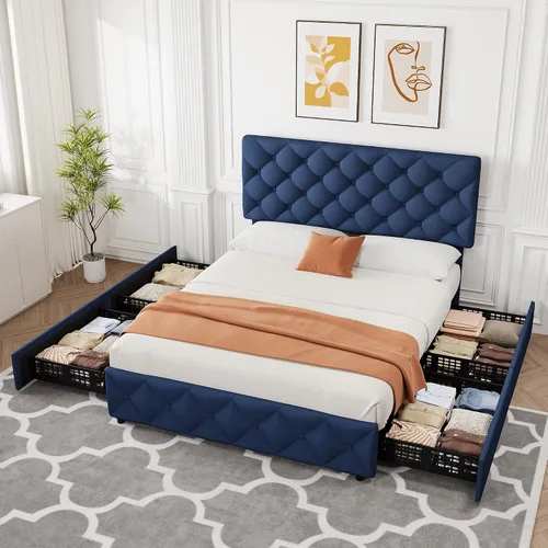Vista 3 de GarveeHome - Base de cama tamaño Full con 4 cajones de almacenamiento, base de cama tapizada en lino con plataforma y cabecera ajustable, diseño