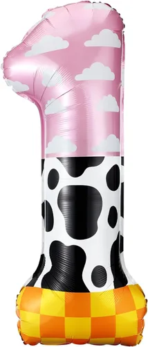 Vista 18 de Globo número 0 de 40 pulgadas con nubes rosadas, diseño de tatuajes, globos de papel de aluminio de números grandes para fiesta temática de granja