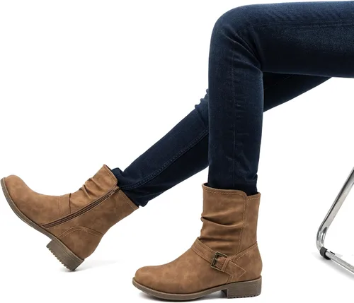 Vista 6 de VJH confort Botas de media pantorrilla para mujer, botines holgados con hebilla cómoda con cremallera lateral