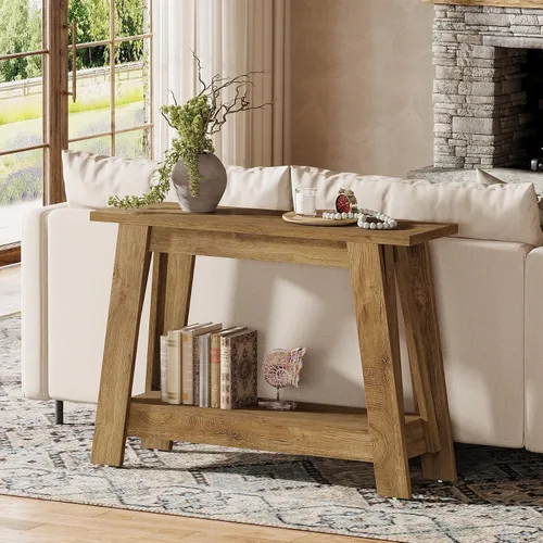 Vista 3 de Tribesigns Mesa consola de granja de 41.3 pulgadas, mesa de entrada de madera de 2 niveles con almacenamiento, rústica estrecha detrás del sofá