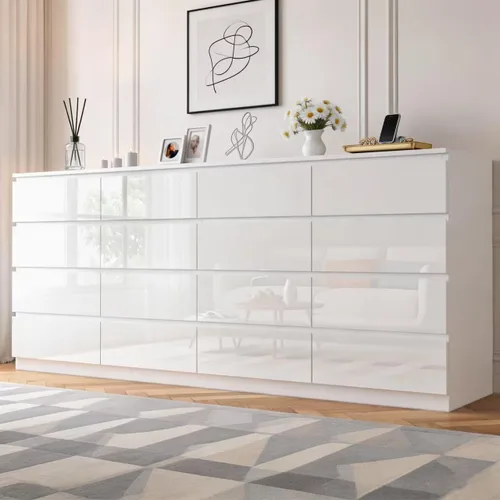 Vista 9 de Cómoda de 12 cajones con estación de carga, cómoda grande moderna con 12 cajones sin asas, cómoda de almacenamiento de madera para dormitorio, sala