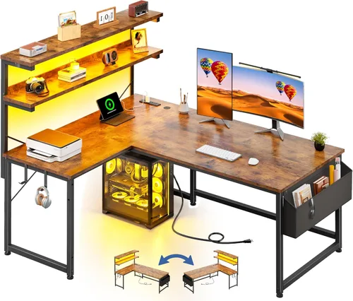 Vista 13 de DurayLoly Escritorio en forma de L para juegos con luz LED y toma de corriente, escritorio reversible en forma de L para computadora de 43.3
