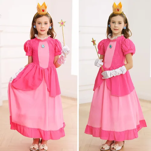 Vista 3 de Luzlen Princess Peach Costume for Girls Kids Toddler Princess Peach Cosplay Dress With Accessories Halloween Birthday Outfits