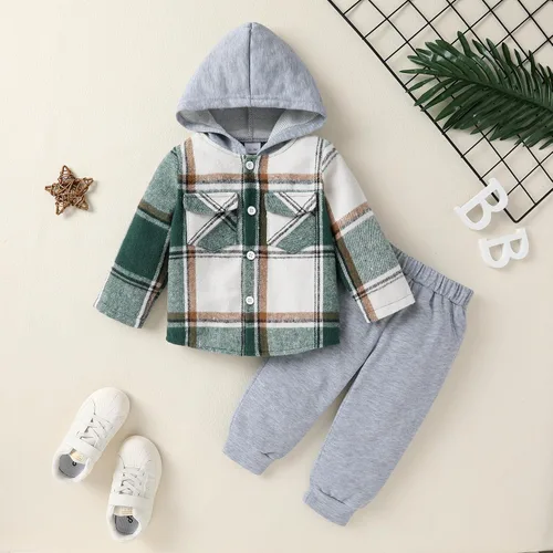 Vista 2 de YOUNGER TREE Conjunto de sudadera con capucha para niños pequeños, conjunto de camisa de franela a cuadros para otoño, invierno y primavera