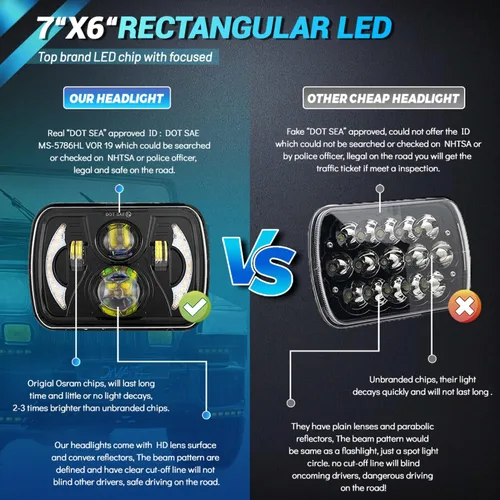 Vista 3 de JHLion - Faro LED de 5 x 7, antideslumbrante, H6054, 5 x 7, 7 x 6, 180 W, aprobado por DOT, 600% más brillante, con señal de giro ámbar DRL de alta