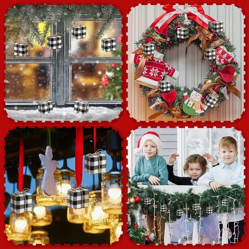 Vista 6 de Chivao 24 piezas de adornos para árbol de Navidad, mini regalos para manualidades, adornos en miniatura con cuadros de búfalo, adornos colgantes