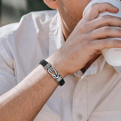 Vista 2 de JoycuFF Pulseras de cuero trenzado marrón para hombre, regalos para papá, novio, marido, hijo, nieto, hermano, para siempre, para el día del padre
