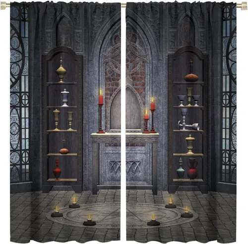 Vista 52 de Cortinas góticas con diseño de luna de Halloween, historia, puerta espeluznante, fondo de terror, vela, ficción, patrón de impresión, sala de estar