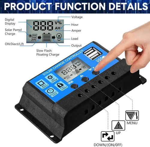 Vista 5 de Controlador de batería solar de 12 V/24 V, controlador de carga de panel solar de tierra, regulador de control de panel solar con pantalla LCD