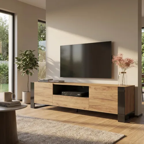 Vista 2 de Woody - Soporte de TV moderno de alto brillo de 71 pulgadas (roble/gris)