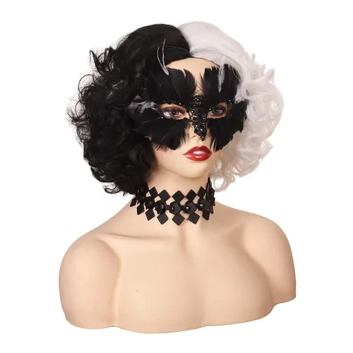 Vista 7 de Peluca corta mitad negra, mitad blanca, rizada, con collar y máscara, para mujer