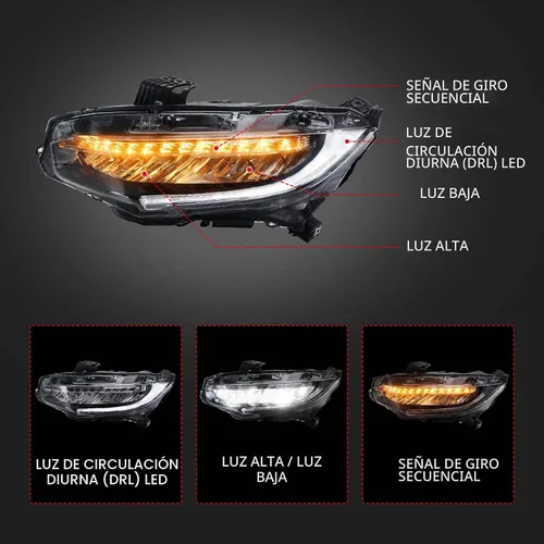 Vista 2 de Ensemble de faros led delanteros Vland compatible con Honda Civic Sedan, Coupe, Hatchback, Tipo R de 10ª generación 2016, 2017, 2018, 2019, 2020
