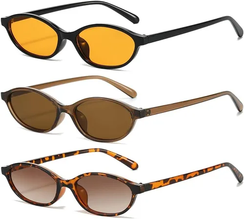 Vista 6 de Gafas de sol ovaladas para mujer, estilo retro, elegante, ojo de gato de los años 90, ligeras, estrechas, modernas 3 piezas amarillo+marrón+leopardo