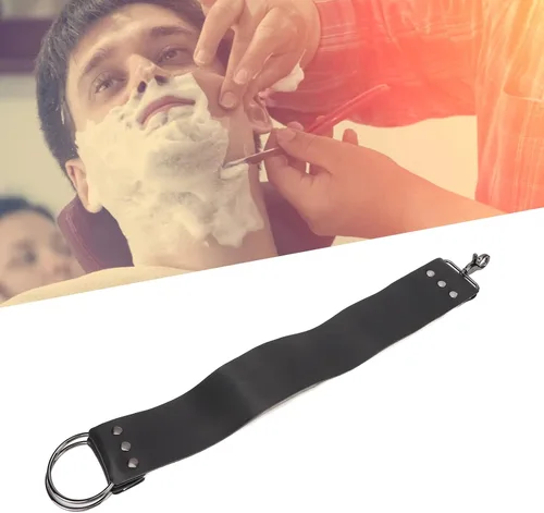 Vista 4 de Strop de cuero negro con ganchos de anclaje de latón para afilar cuchillos, rasurar corte recto, herramienta de limpieza duradera para maquinillas