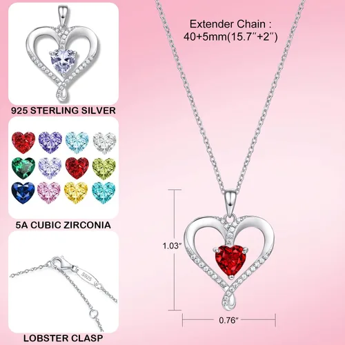 Vista 4 de AM ANNIS MUNN Birthstone Necklace for Women 18K White Gold Heart Necklace Filled 925 Sterling Silver Diamond Womens Jewelry for Women Wife