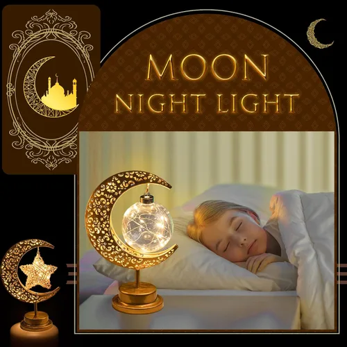 Vista 5 de Tujoe 3 piezas de decoración de Ramadán para el hogar, lámpara de luna rústica, estrella de ramadán, luna, luces de metal, funciona con pilas, luz