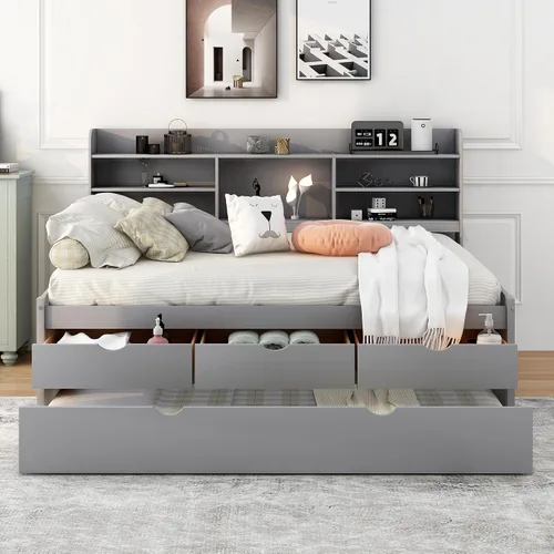 Vista 3 de Cama capitán de tamaño matrimonial con marco de cama Tundle Day con 3 cajones y estanterías integradas de madera maciza, sofá cama de capitán