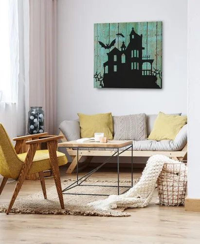 Vista 3 de Renditions Gallery Haunted House - Lienzo decorativo para pared de Halloween, 16 x 16 pulgadas