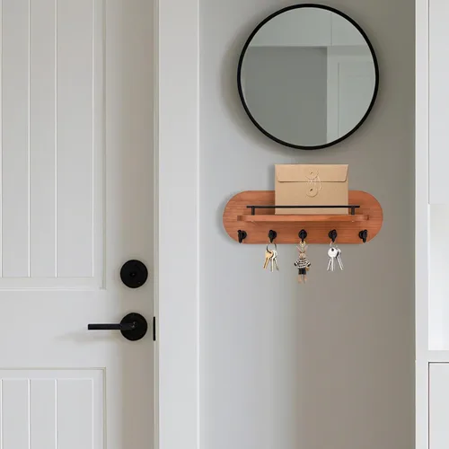 Vista 7 de SANY DAYO HOME Soporte para Llaves de Pared de Madera Marrón con Perchero de Entrada con 5 Ganchos Dorados, Barandilla de Estante de Metal