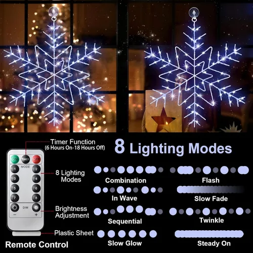 Vista 3 de Zimati - Luces navideñas para ventana, diseño de copo de nieve 14 in Iron Frame, Cool White, USB Powered, Timer, Remote Control, 8 Lighting Modes