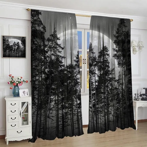 Vista 4 de Cortinas góticas de luna y bosque, color negro oscuro, naturaleza, estrella, paisaje, bosque, niebla, paisaje, impreso, para ventana, sala de estar