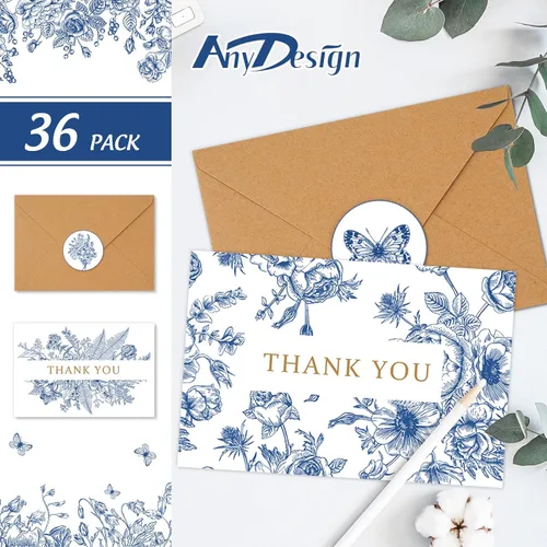 Vista 2 de AnyDesign Paquete de 36 tarjetas de agradecimiento florales azules y blancas con sobres de papel de estraza con calcomanías elegantes