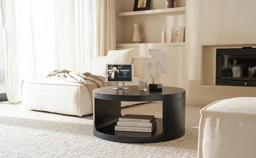 Vista 4 de Mesa auxiliar redonda con almacenamiento, mesa moderna de sala de estar de 31.5 pulgadas, mesas centrales de madera circulares de 2 niveles