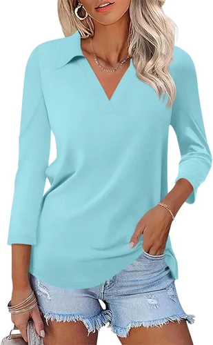 Vista 24 de TICTICMISS - Camisas polo de cuello en V para mujer, manga 3/4, con cuello, tops casuales de negocios, tops de verano a la moda, holgados