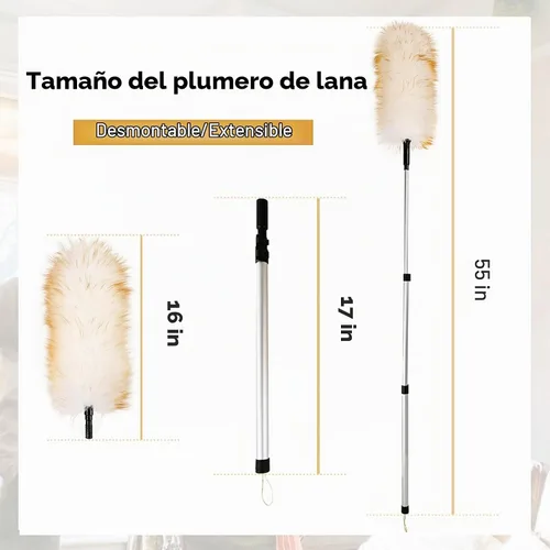 Vista 2 de Plumero de lana de cordero extensible de 31 a 55 pulgadas, plumero electrostático natural para limpieza con poste de extensión de aluminio